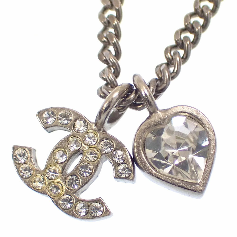 Chanel Coco Mark Necklace for Women, Rhinestone Metal, Silver Color, Heart De...